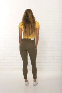 Back view of women's high waisted organic khaki jean by TRi COLOUR FEDERATiON