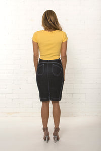 Back view, high waisted organic dark blue denim skirt by TRi COLOUR FEDERATiON