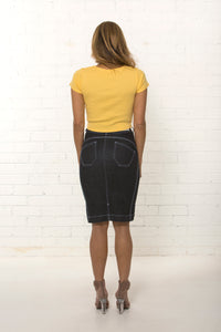 Back view, high waisted organic dark blue denim skirt by TRi COLOUR FEDERATiON