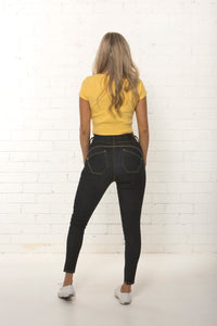 Back view of women's high waisted organic dark blue jean by TRi COLOUR FEDERATiON