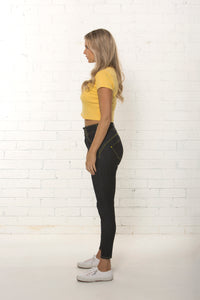 Side view of women's high waisted organic dark blue jean by TRi COLOUR FEDERATiON