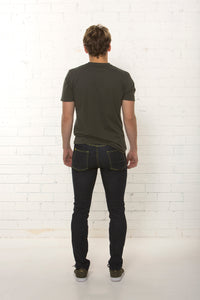 Back view of men's organic dark blue jean, mid rise fit by TRi COLOUR FEDERATiON