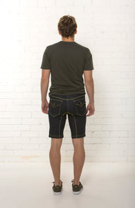 Back view of men's mid rise organic dark blue denim short by TRi COLOUR FEDERATiON